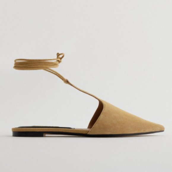 Zara Shoes - ZARA NUDE CAMEL 100% SUEDE LEATHER LACE UP POINTED FLATS
